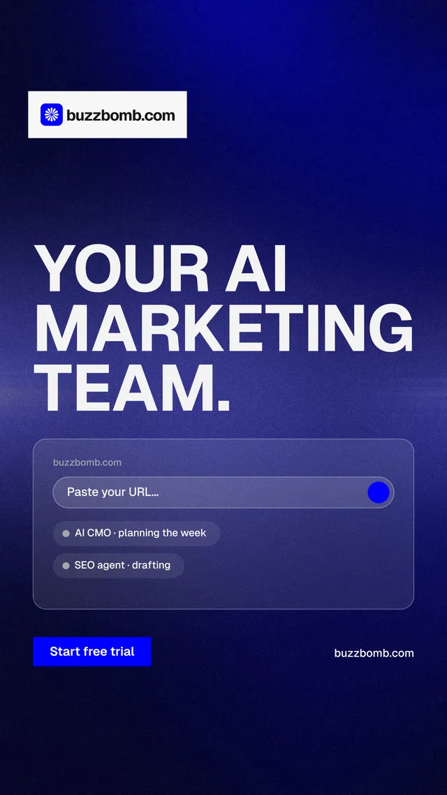 Instagram story for BuzzBomb: "Your AI marketing team." Swiss style, poster layout, dark palette in black, blue.