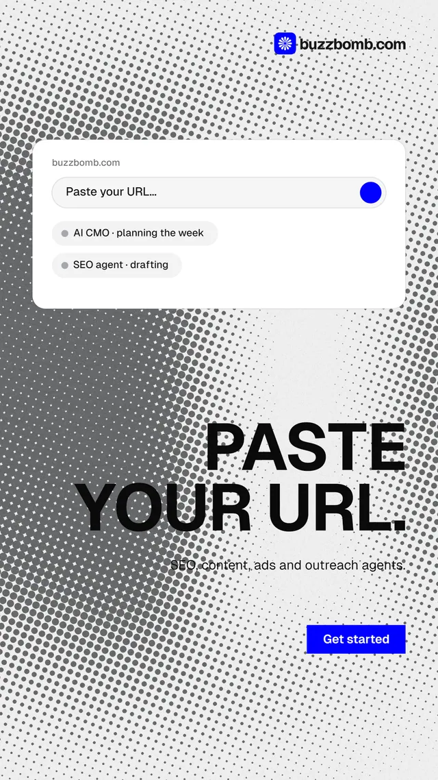 Instagram story for BuzzBomb: "Paste your URL." Split block style, right layout, light palette in white, grey.