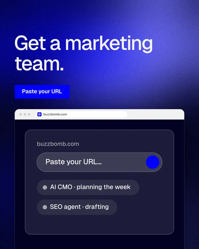 Instagram portrait post for BuzzBomb: "Get a marketing team." Swiss style, browser layout, dark palette in black, blue.