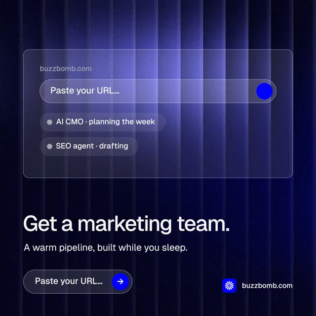 Instagram post for BuzzBomb: "Get a marketing team." Agentic glass style, bottom layout, dark palette in black, blue.