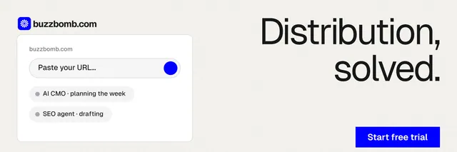 X header for BuzzBomb: "Distribution, solved." Swiss style, right layout, light palette in white, blue.
