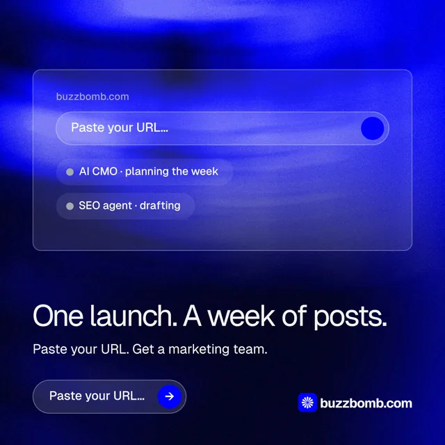 Instagram post for BuzzBomb: "One launch. A week of posts." Agentic glass style, bottom layout, dark palette in black, blue.