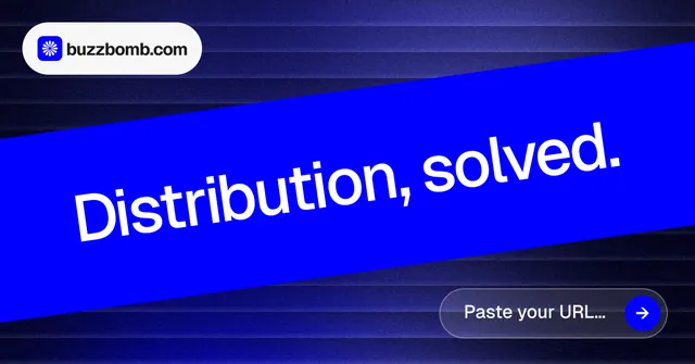 Social ad for BuzzBomb: "Distribution, solved." Agentic glass style, diagonal layout, dark palette in blue.