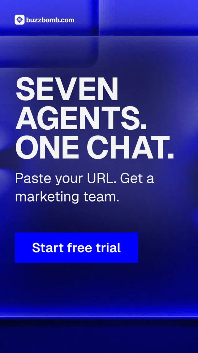 Instagram story for BuzzBomb: "Seven agents. One chat." Swiss style, skeleton layout, dark palette in blue.
