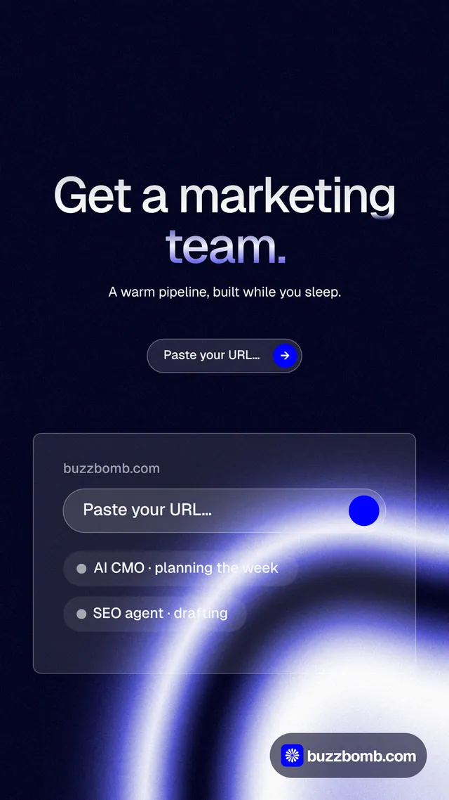 Instagram story for BuzzBomb: "Get a marketing team." Agentic glass style, centred layout, dark palette in black, blue.