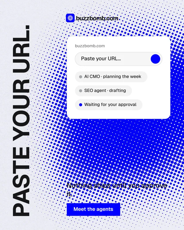Instagram portrait post for BuzzBomb: "Paste your URL." Swiss style, vertical layout, light palette in blue, white.