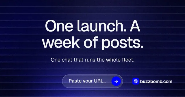 Social ad for BuzzBomb: "One launch. A week of posts." Agentic glass style, centred layout, dark palette in blue, black, grey.