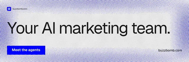 X header for BuzzBomb: "Your AI marketing team." Swiss style, poster layout, light palette in blue, white.