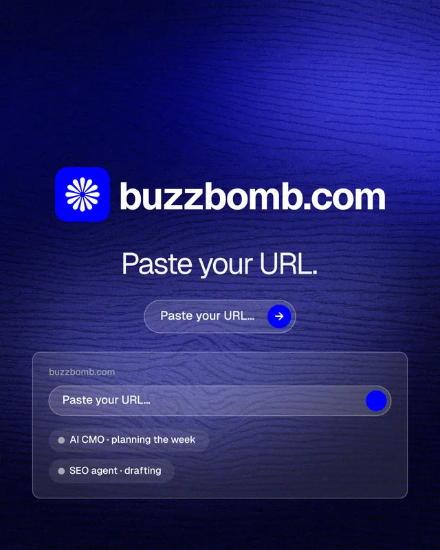 Instagram portrait post for BuzzBomb: "Paste your URL." Agentic glass style, logo hero layout, dark palette in black, blue.