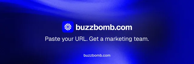 X header for BuzzBomb: "Distribution, solved." Agentic glass style, end card layout, dark palette in blue.