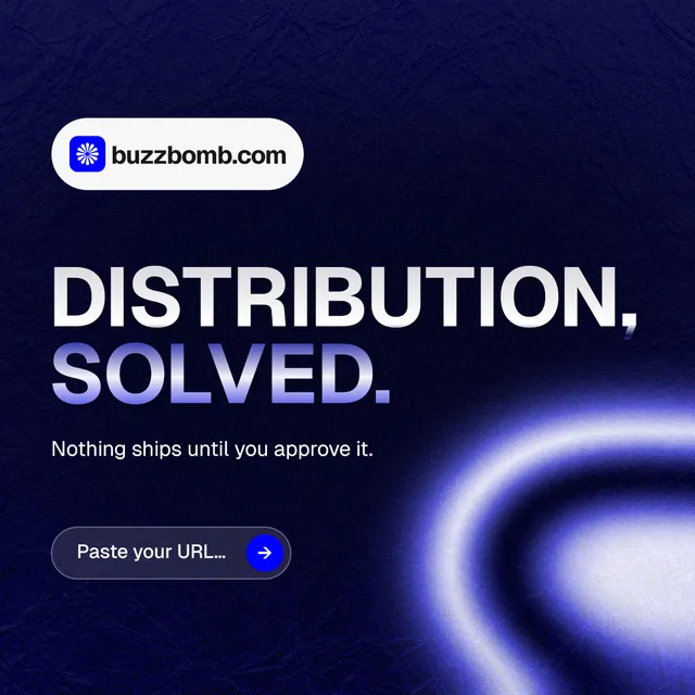 Instagram post for BuzzBomb: "Distribution, solved." Agentic glass style, announce layout, dark palette in black, blue.