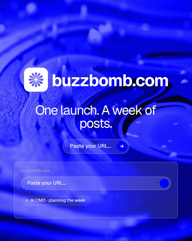 Instagram portrait post for BuzzBomb: "One launch. A week of posts." Agentic glass style, logo hero layout, dark palette in blue.