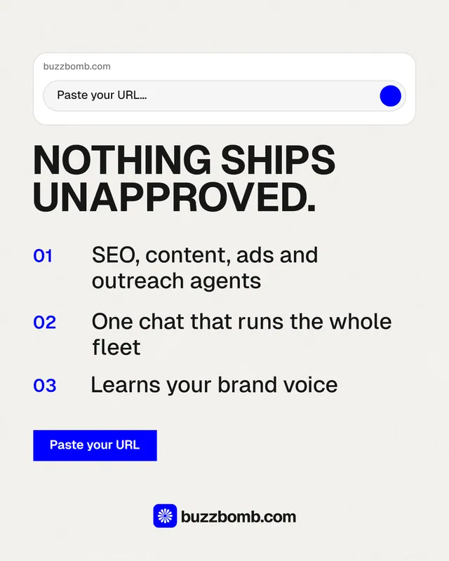 Instagram portrait post for BuzzBomb: "Nothing ships unapproved." Swiss style, numbered layout, light palette in white, grey.