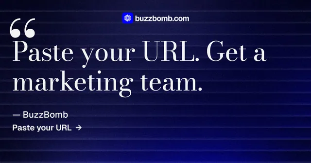 Social ad for BuzzBomb: "Paste your URL." Minimal luxury style, quote layout, dark palette in black, blue, grey.