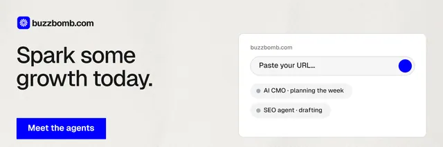 X header for BuzzBomb: "Spark some growth today." Swiss style, bottom layout, light palette in white, blue.
