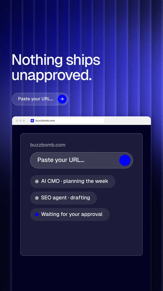 Instagram story for BuzzBomb: "Nothing ships unapproved." Agentic glass style, browser layout, dark palette in blue, black.