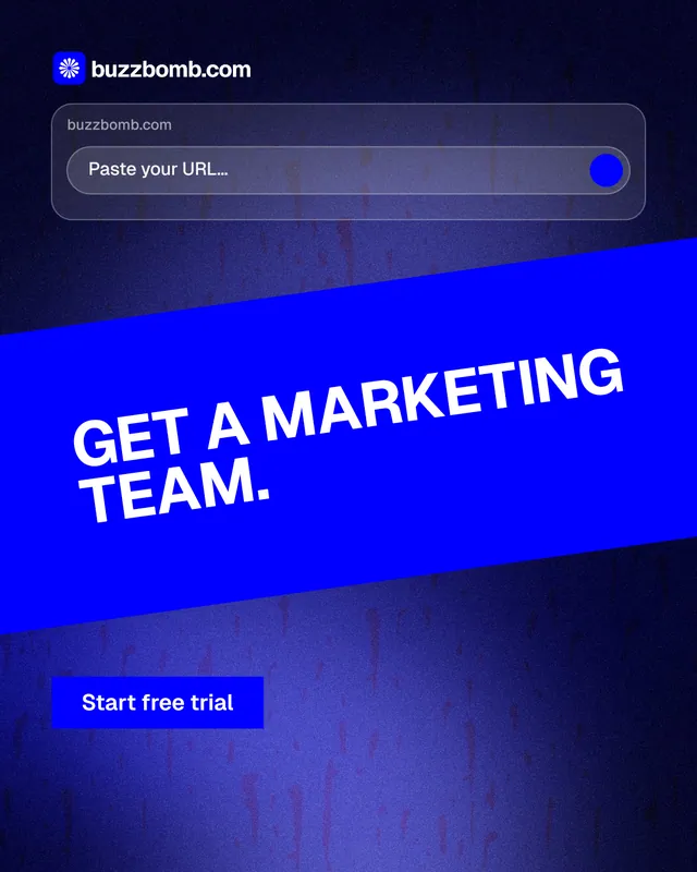 Instagram portrait post for BuzzBomb: "Get a marketing team." Swiss style, diagonal layout, dark palette in blue.