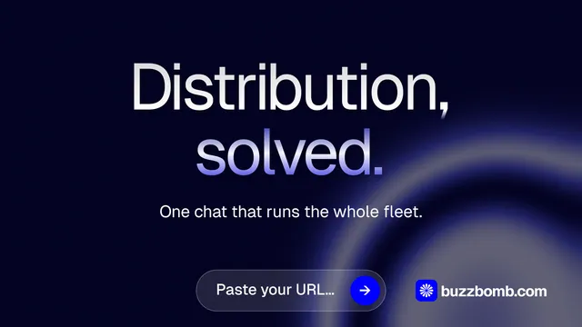 Landscape graphic for BuzzBomb: "Distribution, solved." Agentic glass style, centred layout, dark palette in black, blue.