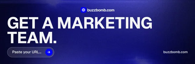 X header for BuzzBomb: "Get a marketing team." Agentic glass style, poster layout, dark palette in blue.
