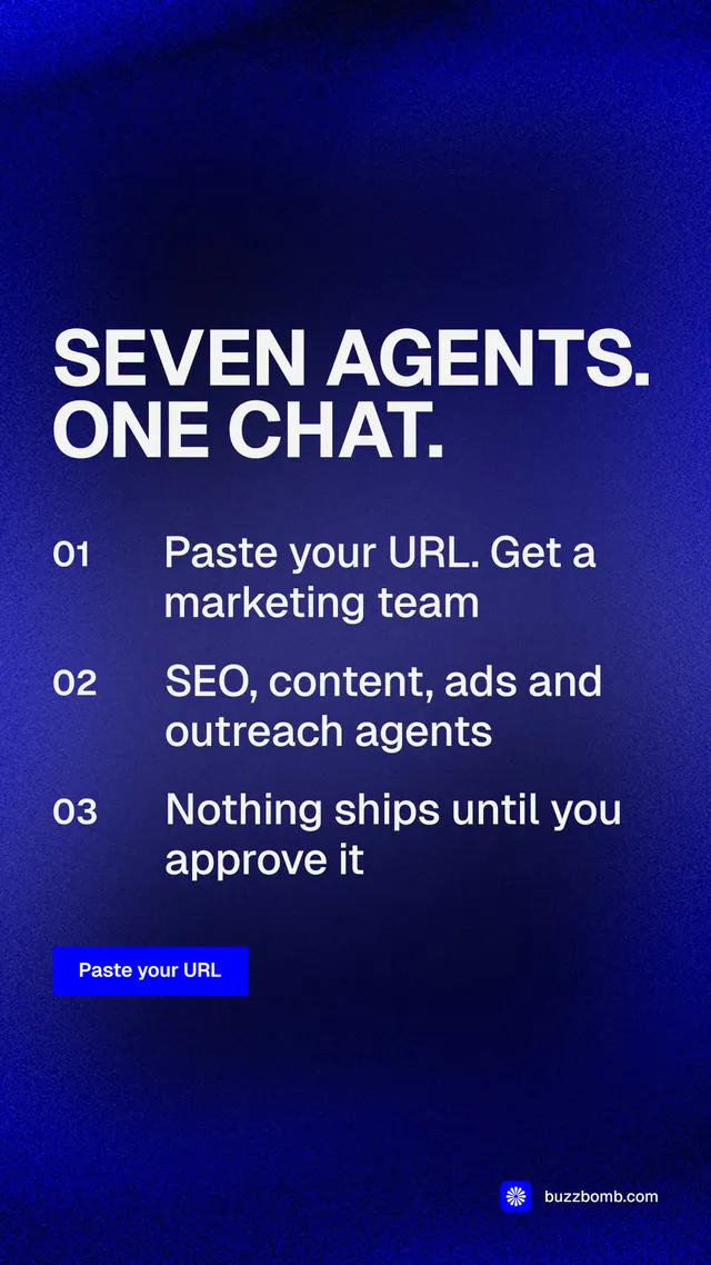 Instagram story for BuzzBomb: "Seven agents. One chat." Swiss style, numbered layout, dark palette in blue, grey.
