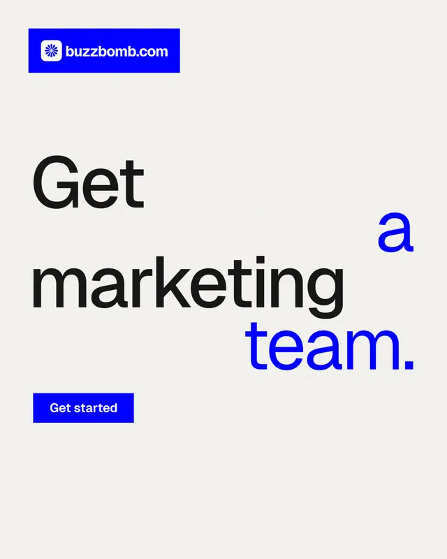 Instagram portrait post for BuzzBomb: "Get a marketing team." Swiss style, stacked layout, light palette in white, blue.