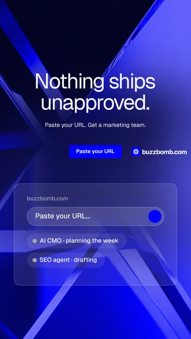 Instagram story for BuzzBomb: "Nothing ships unapproved." Swiss style, centred layout, dark palette in blue.