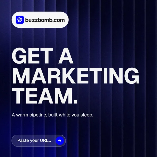 Instagram post for BuzzBomb: "Get a marketing team." Agentic glass style, announce layout, dark palette in black, blue, grey.
