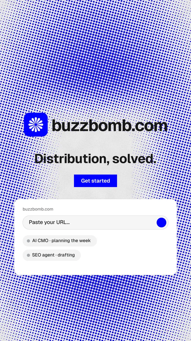 Instagram story for BuzzBomb: "Distribution, solved." Swiss style, logo hero layout, light palette in blue, white.