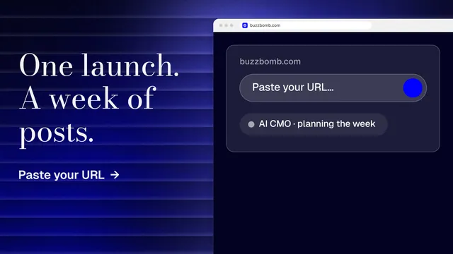 Landscape graphic for BuzzBomb: "One launch. A week of posts." Minimal luxury style, browser layout, dark palette in black, blue, grey.