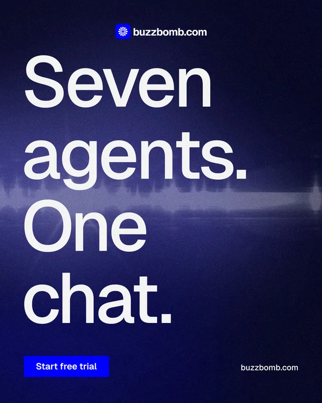 Instagram portrait post for BuzzBomb: "Seven agents. One chat." Swiss style, poster layout, dark palette in black, blue, grey.