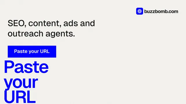 Landscape graphic for BuzzBomb: "Your AI marketing team." Swiss style, oversized layout, light palette in white, blue.