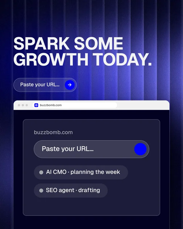 Instagram portrait post for BuzzBomb: "Spark some growth today." Agentic glass style, browser layout, dark palette in blue, black.