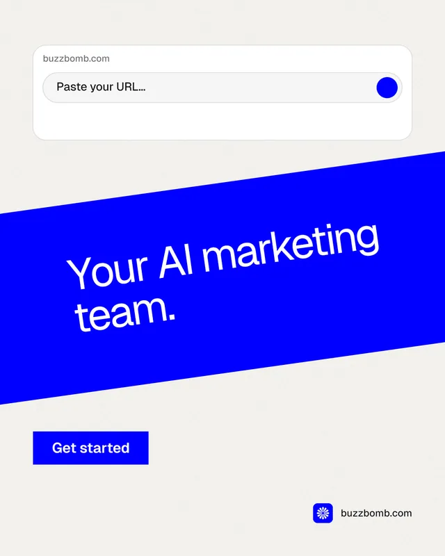 Instagram portrait post for BuzzBomb: "Your AI marketing team." Swiss style, diagonal layout, light palette in white, blue.