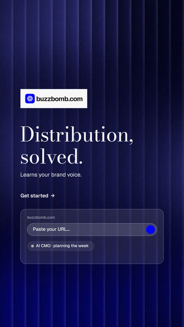 Instagram story for BuzzBomb: "Distribution, solved." Minimal luxury style, announce layout, dark palette in blue, black, grey.