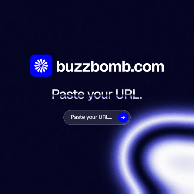 Instagram post for BuzzBomb: "Paste your URL." Agentic glass style, logo hero layout, dark palette in black, blue.