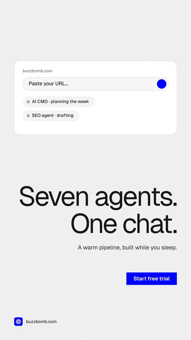 Instagram story for BuzzBomb: "Seven agents. One chat." Swiss style, right layout, light palette in white, grey.