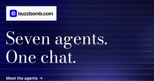 Social ad for BuzzBomb: "Seven agents. One chat." Minimal luxury style, announce layout, dark palette in blue, grey.