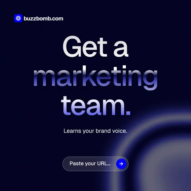 Instagram post for BuzzBomb: "Get a marketing team." Agentic glass style, centred layout, dark palette in black, blue.