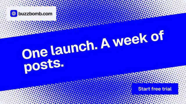 Landscape graphic for BuzzBomb: "One launch. A week of posts." Swiss style, diagonal layout, dark palette in blue.