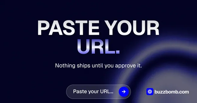 Social ad for BuzzBomb: "Paste your URL." Agentic glass style, centred layout, dark palette in black, grey, blue.