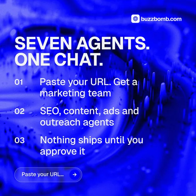 Instagram post for BuzzBomb: "Seven agents. One chat." Agentic glass style, numbered layout, dark palette in blue.