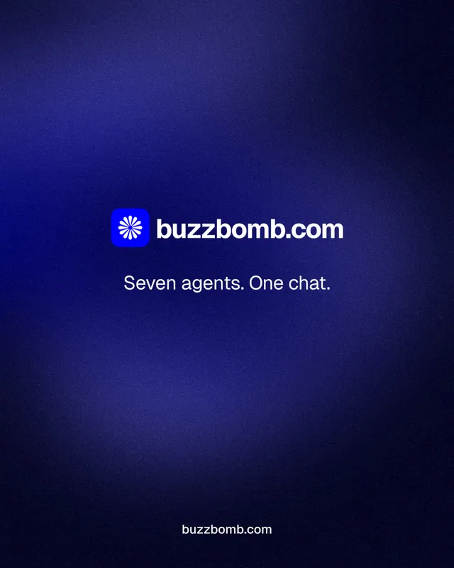Instagram portrait post for BuzzBomb: "Seven agents. One chat." Agentic glass style, end card layout, dark palette in black, blue.