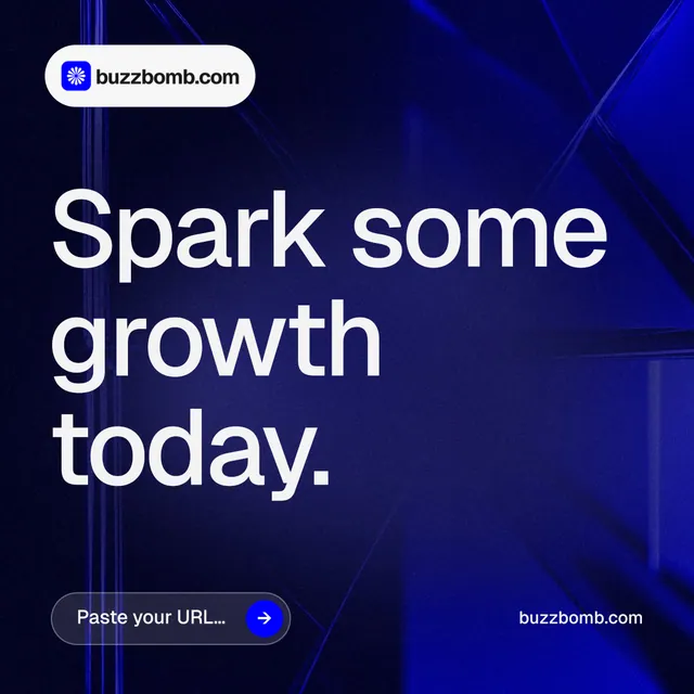 Instagram post for BuzzBomb: "Spark some growth today." Agentic glass style, poster layout, dark palette in black, blue, grey.