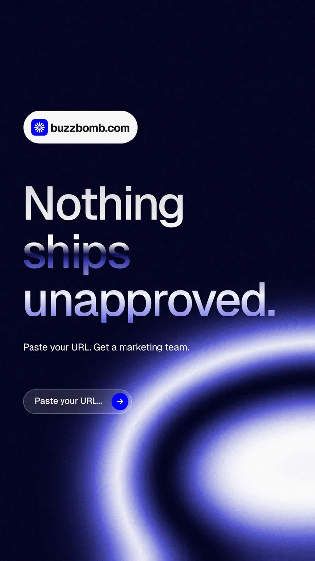 Instagram story for BuzzBomb: "Nothing ships unapproved." Agentic glass style, announce layout, dark palette in black, blue.