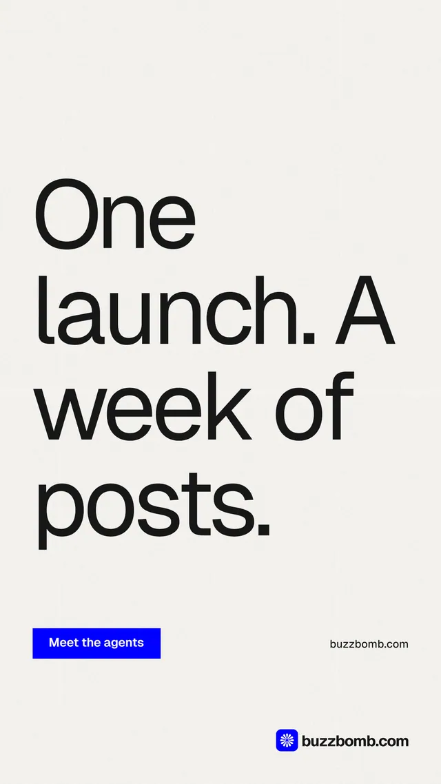 Instagram story for BuzzBomb: "One launch. A week of posts." Swiss style, poster layout, light palette in white, grey.