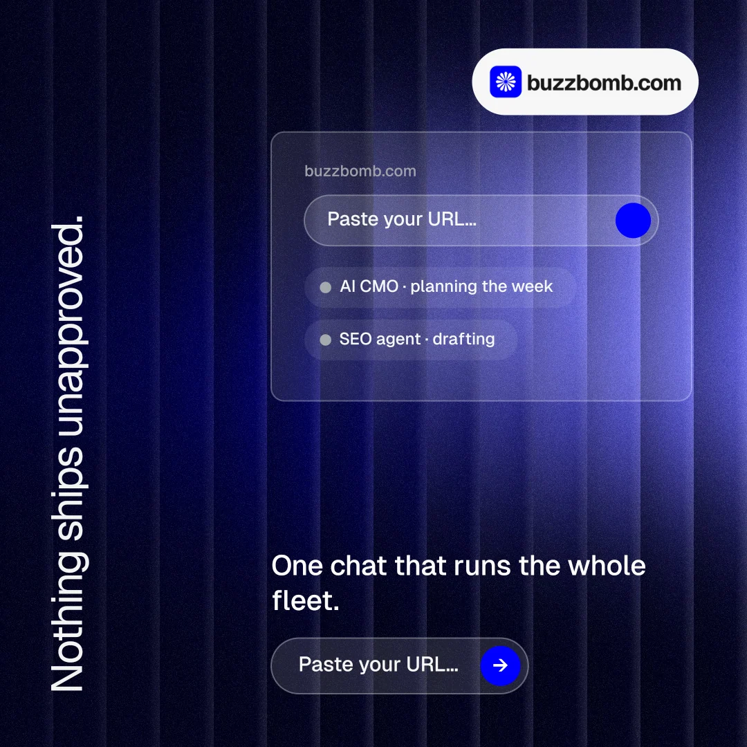 Instagram post for BuzzBomb: "Nothing ships unapproved." Agentic glass style, vertical layout, dark palette in black, blue.