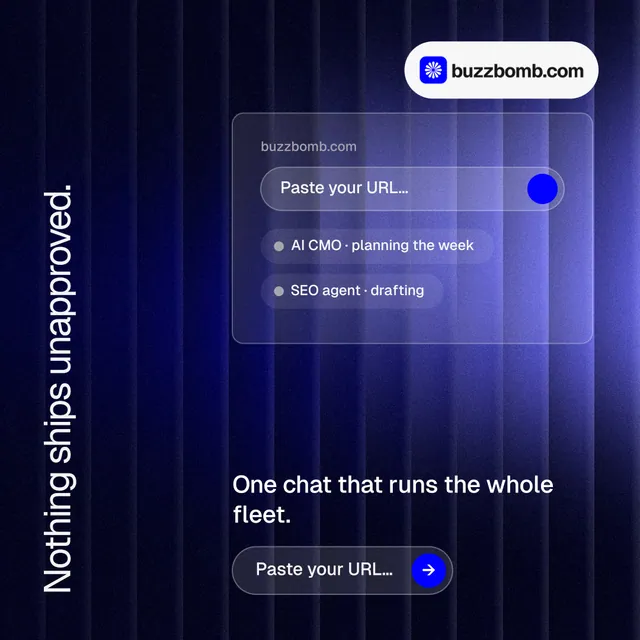 Instagram post for BuzzBomb: "Nothing ships unapproved." Agentic glass style, vertical layout, dark palette in black, blue.