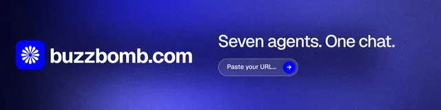LinkedIn banner for BuzzBomb: "Seven agents. One chat." Agentic glass style, logo hero layout, dark palette in blue.