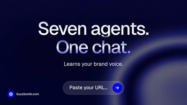 Landscape graphic for BuzzBomb: "Seven agents. One chat." Agentic glass style, centred layout, dark palette in grey, black, blue.