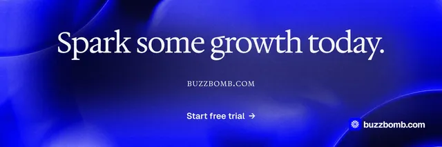 X header for BuzzBomb: "Spark some growth today." Swiss style, smallcaps layout, dark palette in blue.